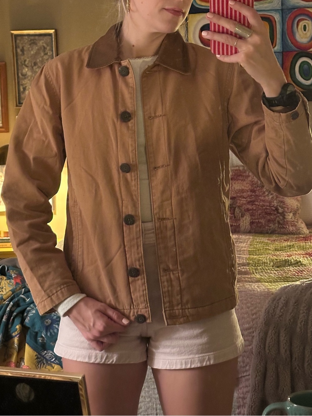 Tan Canvas Woolrich Jacket - Leather collar/ fleece lined